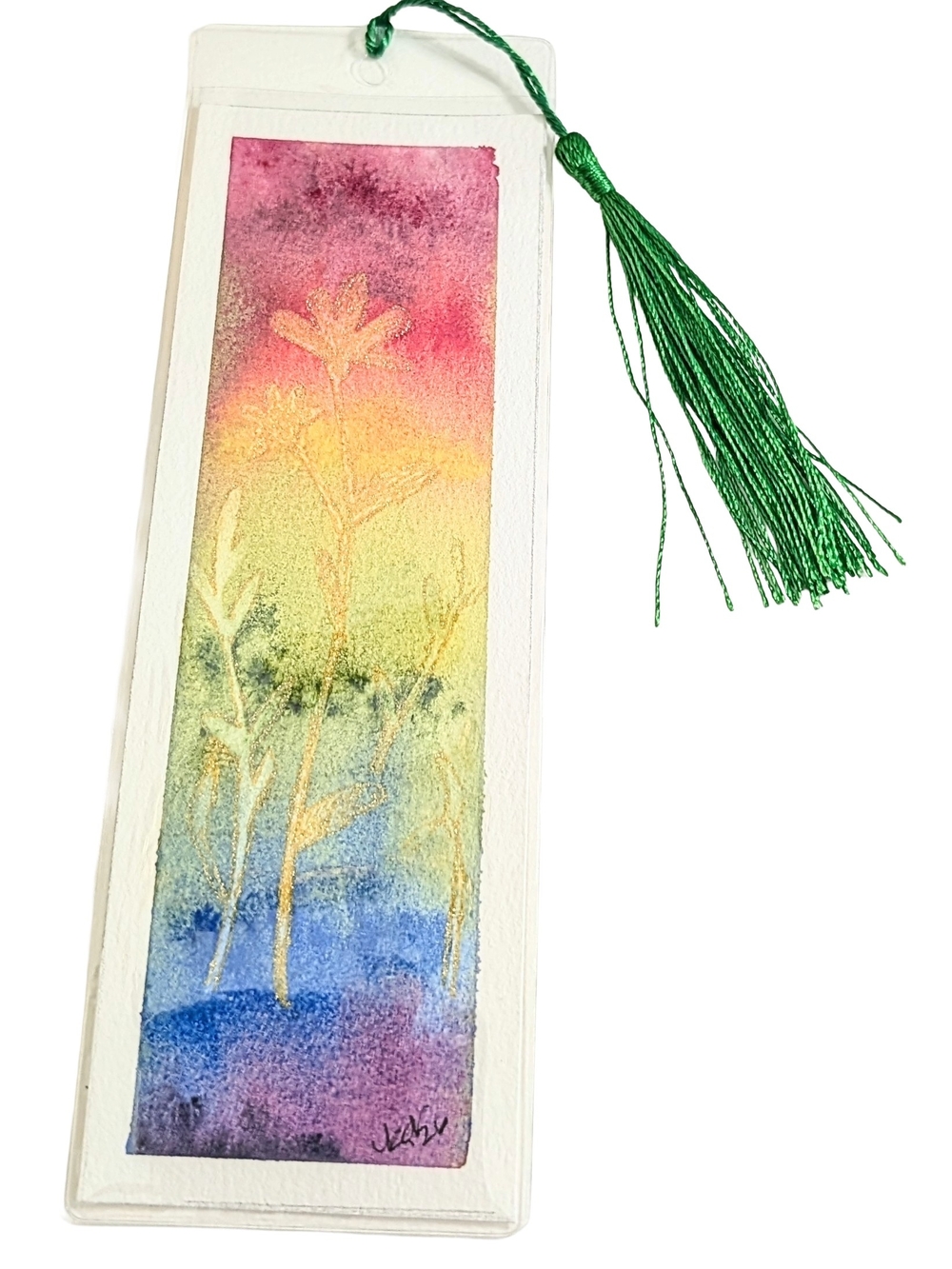 Handmade Watercolor Floral Bookmark with Green Tassel - Multi-Color